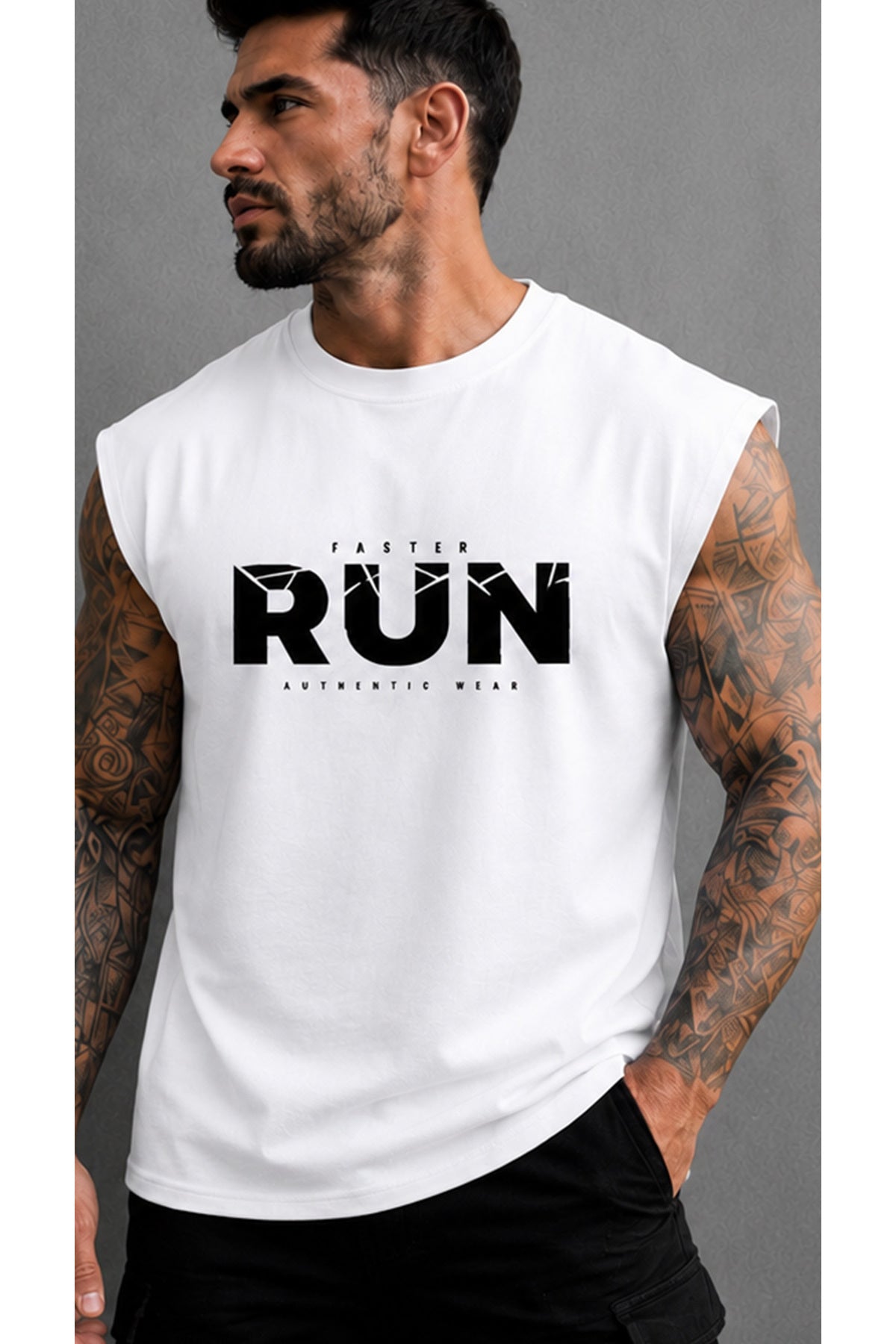 FASTER RUN Baskılı Erkek Sıfır Kol Atlet T-Shirt (%100 PAMUKLU)