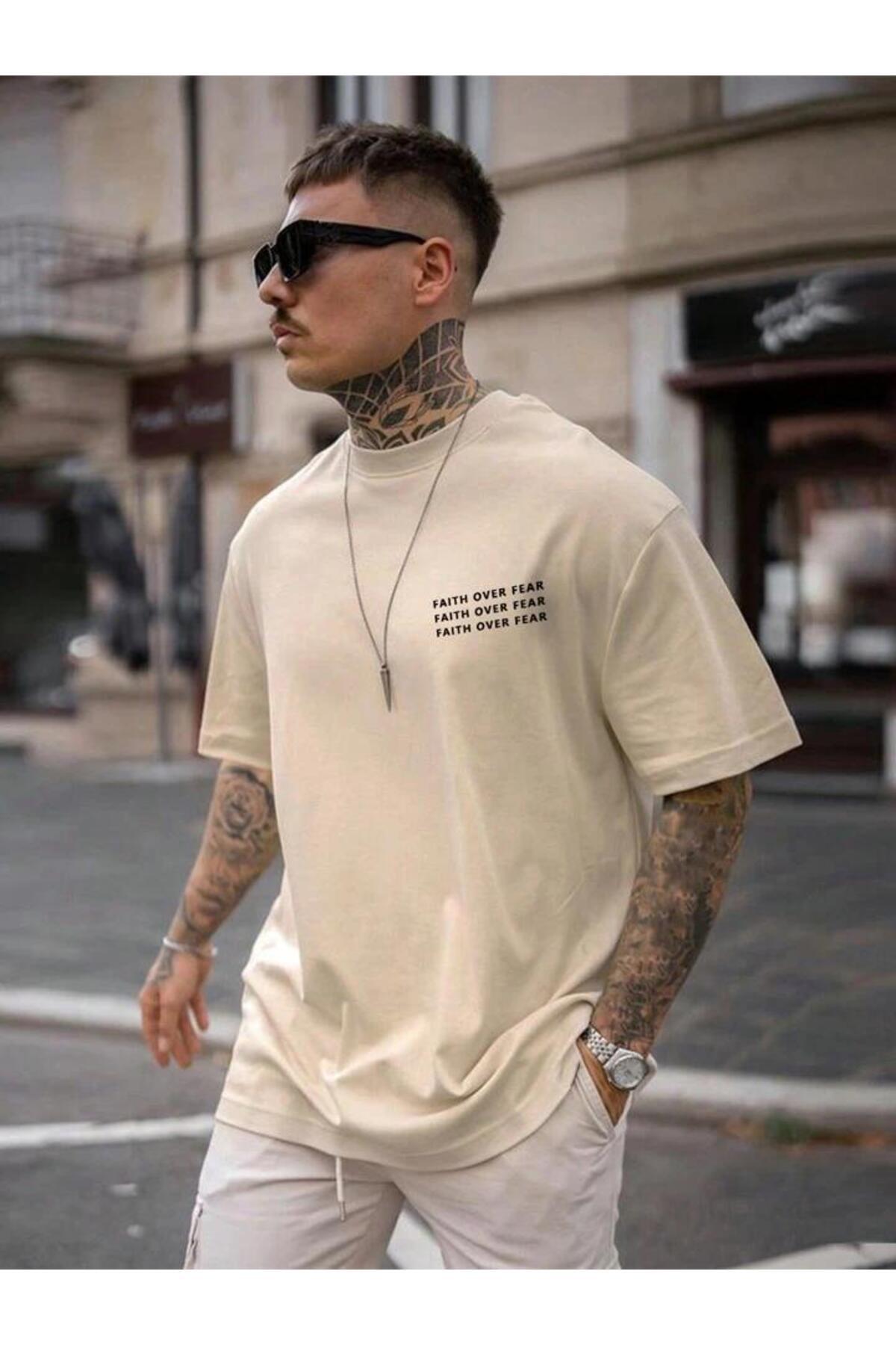 FAITH OVER FEAR Baskılı Oversize Pamuklu Tshirt T-Shirt Tşört Tişört
