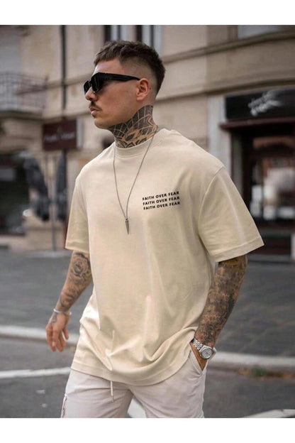 FAITH OVER FEAR Baskılı Oversize Pamuklu Tshirt T-Shirt Tşört Tişört
