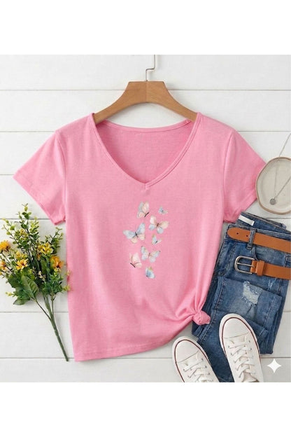 KELEBEKLER Baskılı Kadın V Yaka Regular Kalıp Tshirt (Anneler Gününe Özel Seri)