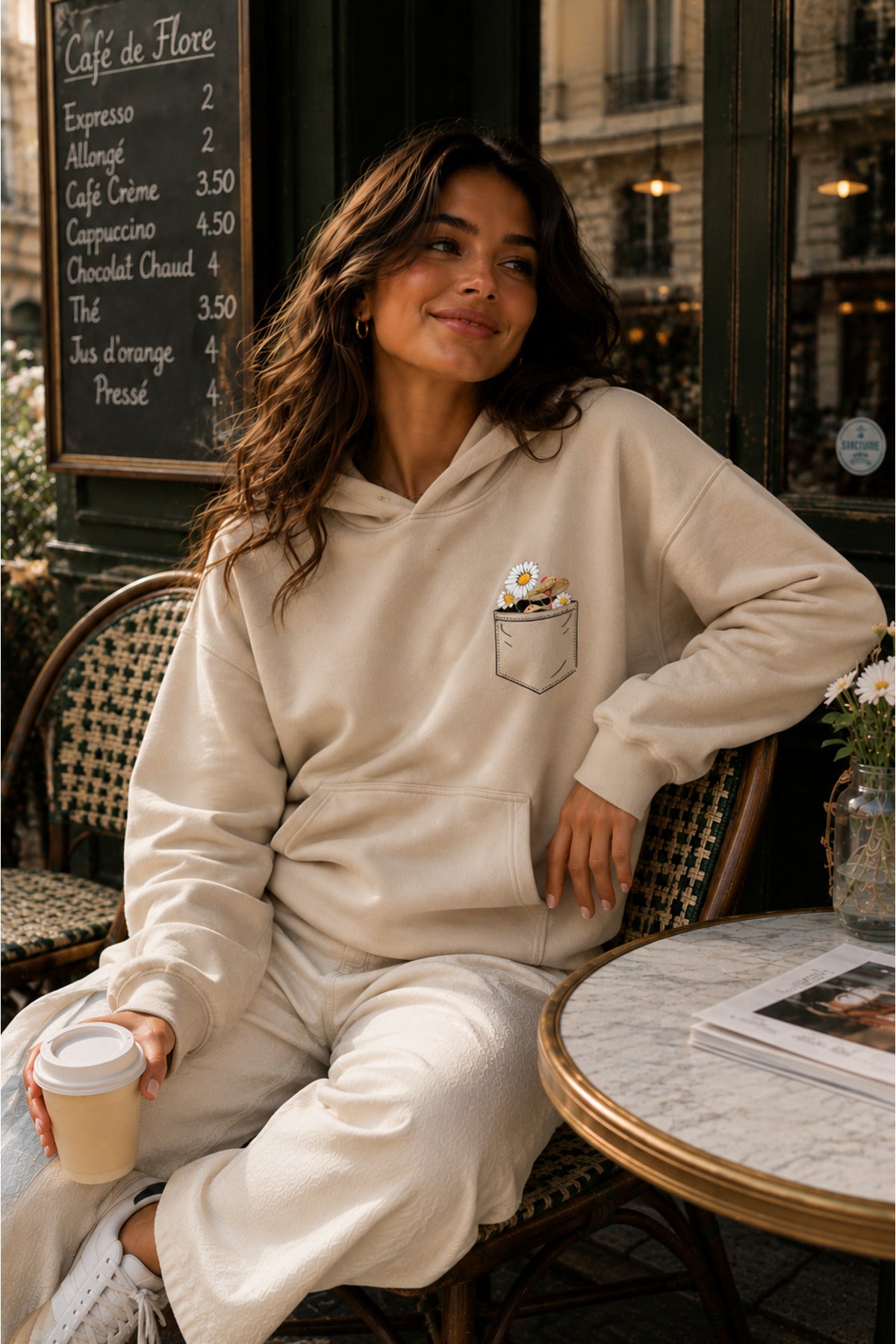 Kadın Cep Çiçek Baskılı KAPÜŞONLU Oversize Sweatshirt (3 İPLİK)