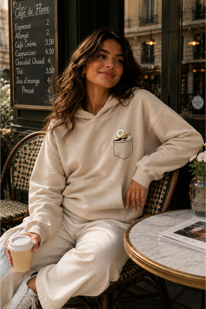 Kadın Cep Çiçek Baskılı KAPÜŞONLU Oversize Sweatshirt (3 İPLİK)