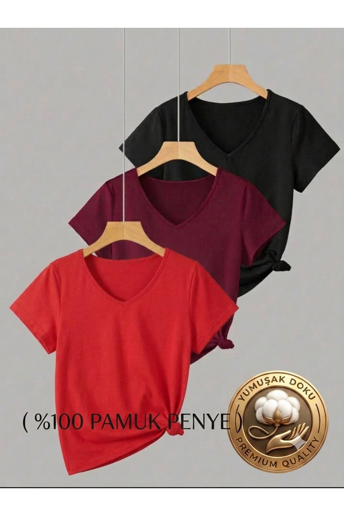 3 ADET V YAKA REGULAR KALIP KADIN TSHİRT ( %100 PAMUK )