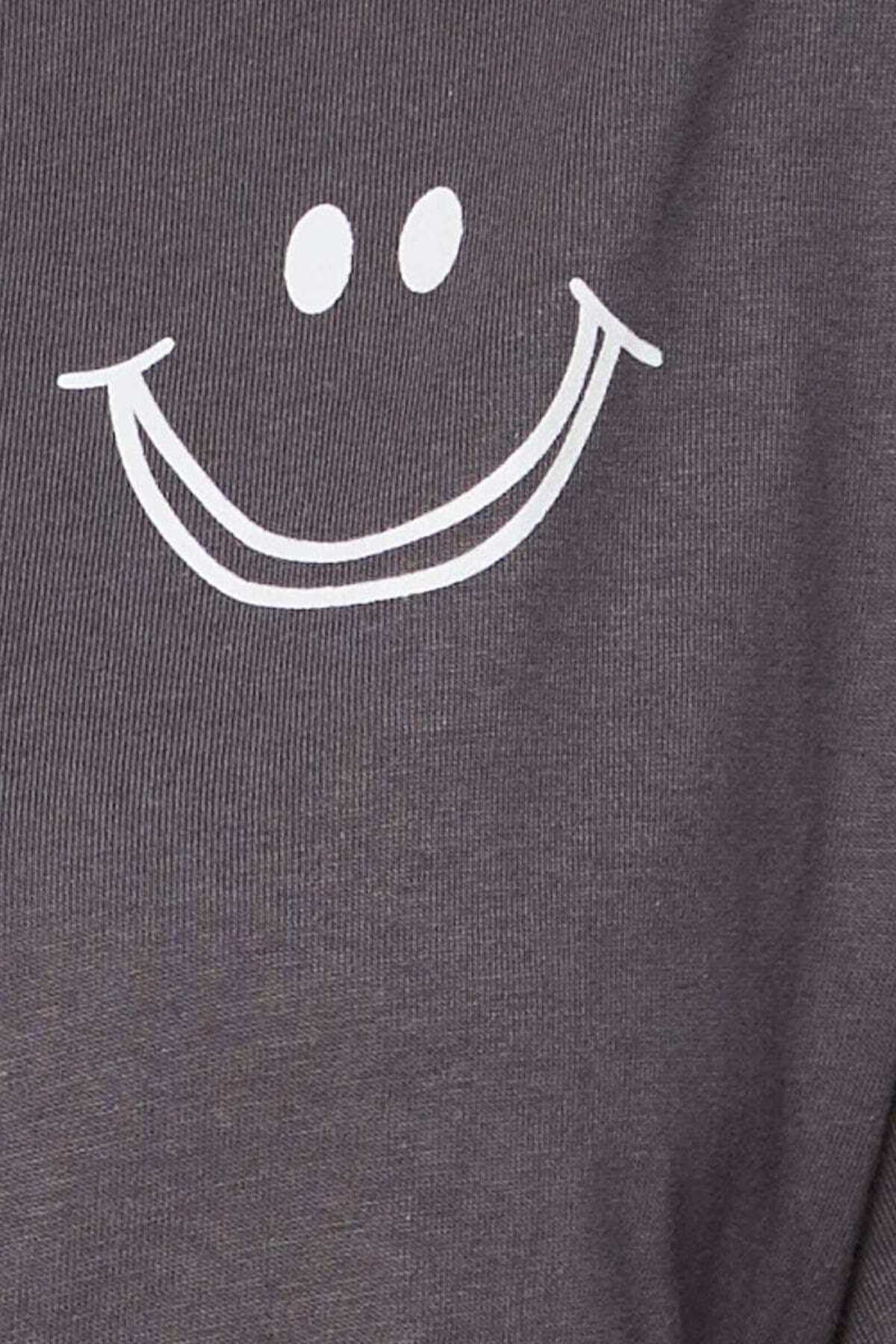 Gülümseme Baskılı Unisex Kısa Kol Bisiklet Yaka Tshirt