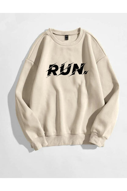 RUN Baskılı Bisiklet Yaka Pamuklu Sweatshirt