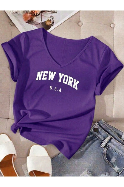 Kadın New York USA Baskılı V Yaka T-shirt