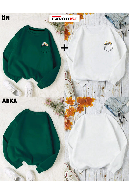2'Lİ Çiçek Baskılı Bisiklet Yaka Pamuklu Sweatshirt