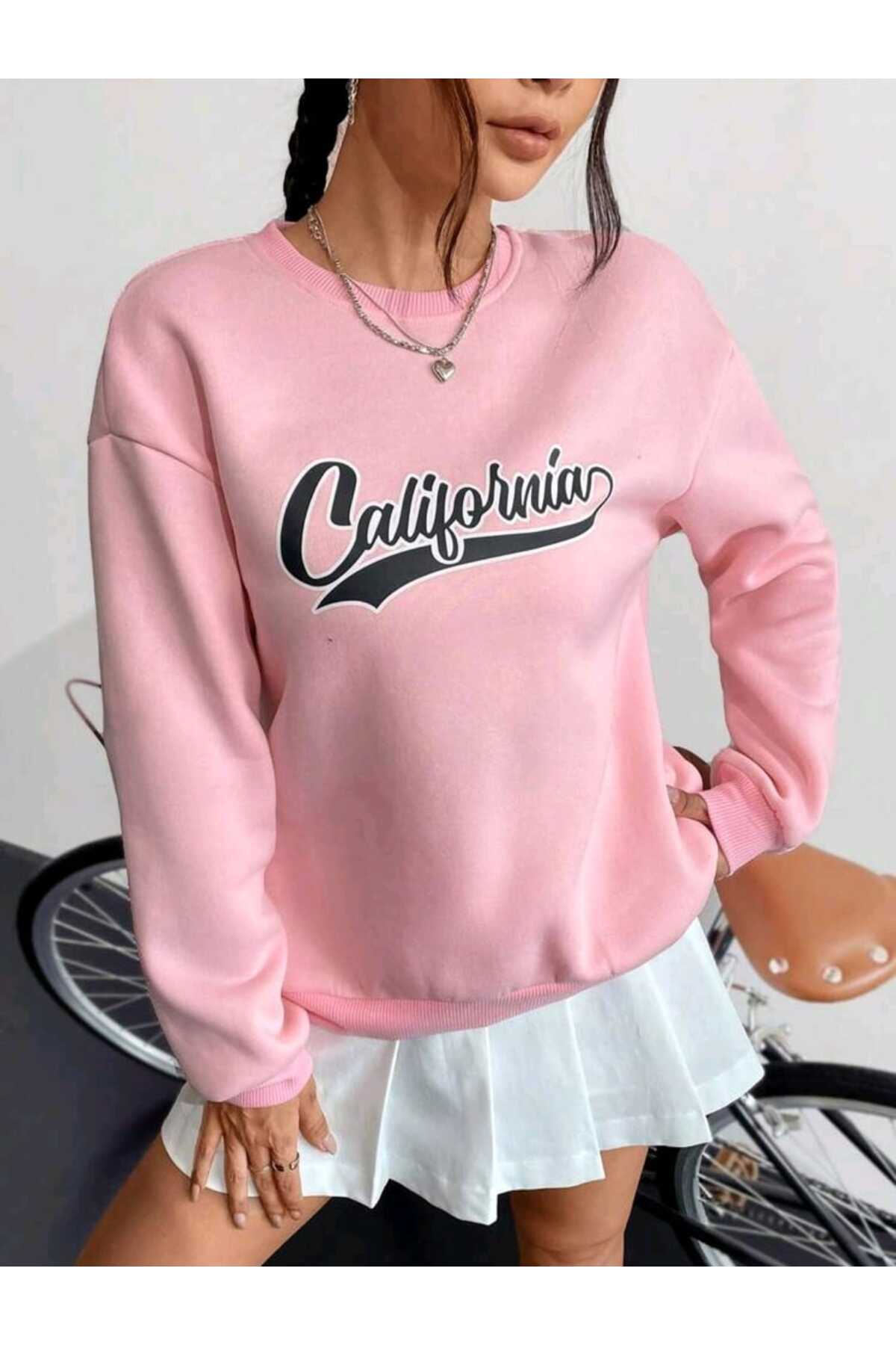 California Baskılı Şeker Pembe Bisiklet Yaka Sweatshirt Özel Seri Soft Kumaş