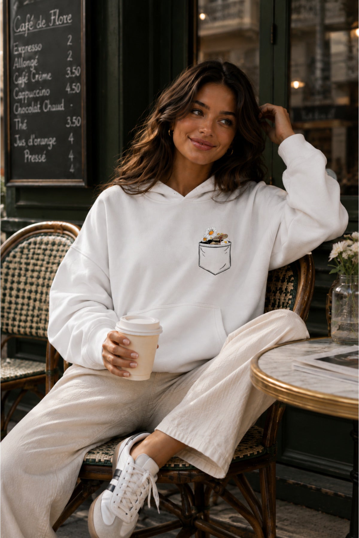 Kadın Cep Çiçek Baskılı KAPÜŞONLU Oversize Sweatshirt (3 İPLİK)