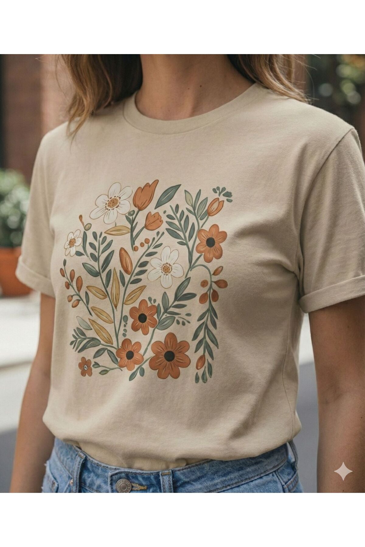 Bahar Dikdörtgen Papatyalar Baskılı Kadın Bisiklet Yaka Tshirt