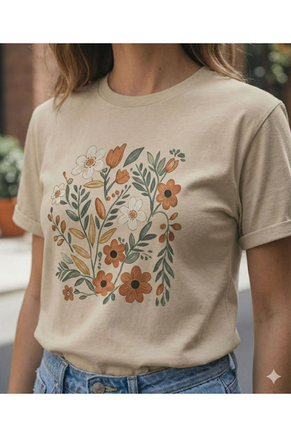 Bahar Dikdörtgen Papatyalar Baskılı Kadın Bisiklet Yaka Tshirt