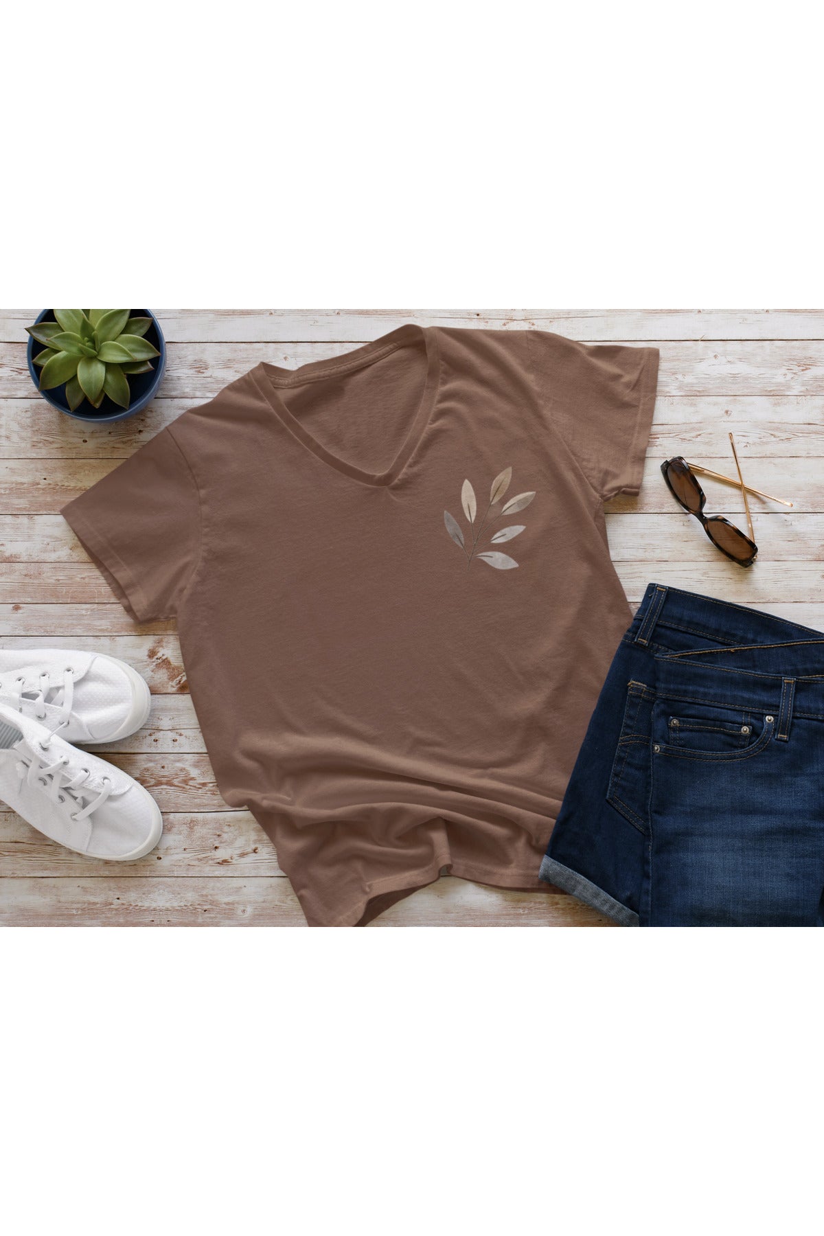 V Yaka Basic Pamuklu  Baskılı Tshirt ZEYTİN DALI