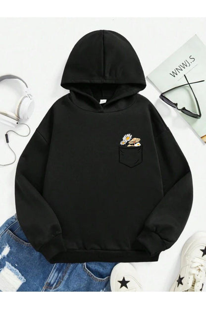 Cep Çiçek Baskılı Kapşonlu Sweatshirt Oversize Geniş Kalıp