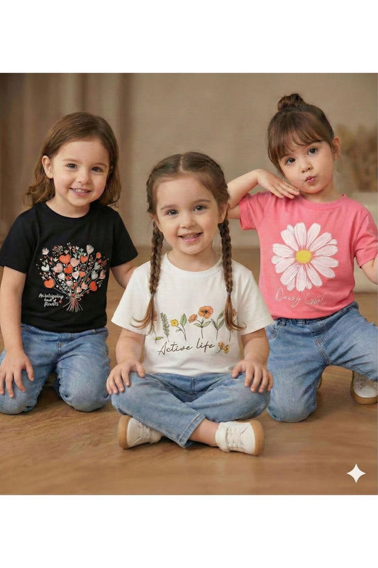 3'lü Paket Active Çiçekler Baskılı Çocuk Pamuklu Tshirt
