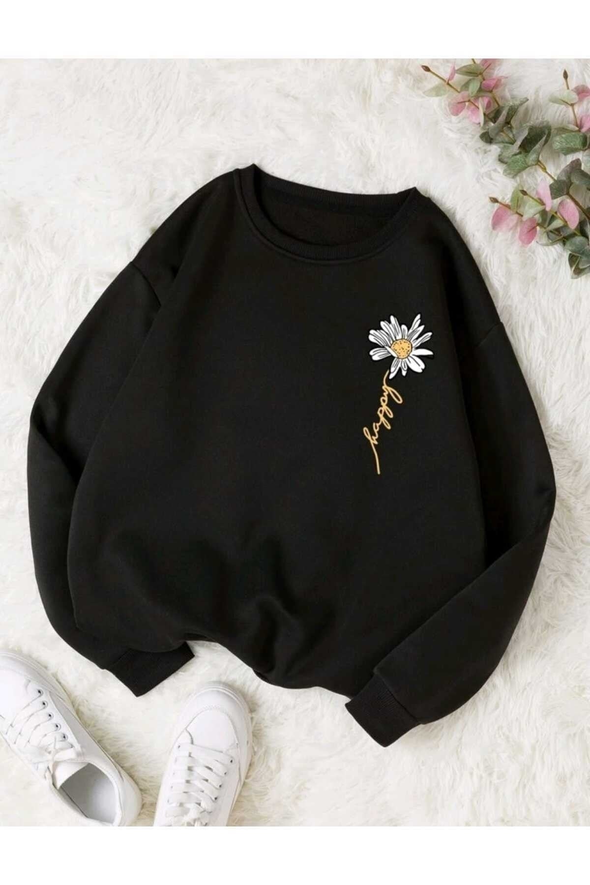 Happy Papatya Baskılı Bisiklet Yaka Unisex Sweatshirt