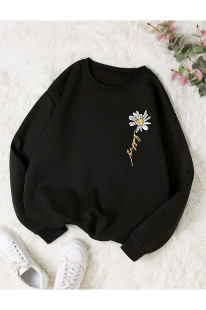 Happy Papatya Baskılı Bisiklet Yaka Unisex Sweatshirt