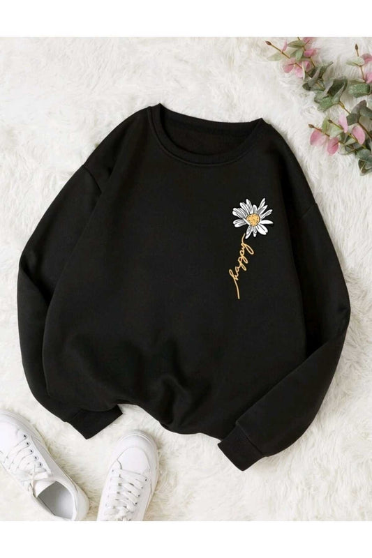 Happy Papatya Baskılı Bisiklet Yaka Unisex Sweatshirt