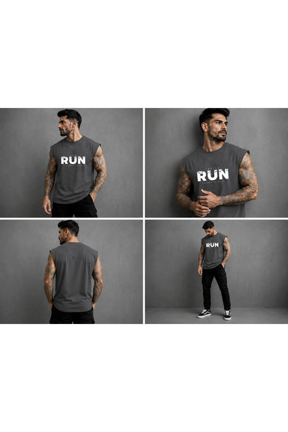 FASTER RUN Baskılı Erkek Sıfır Kol Atlet T-Shirt (%100 PAMUKLU)