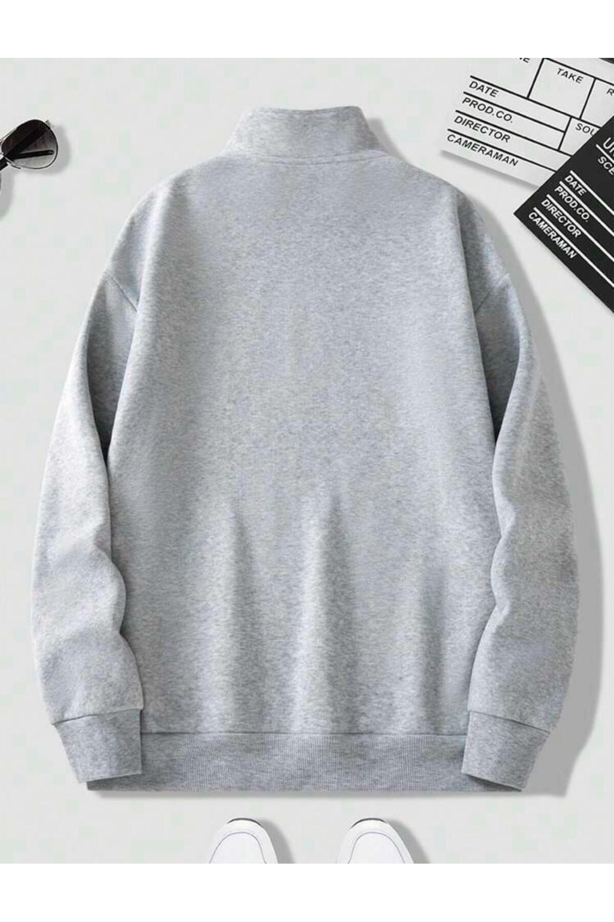 Dik Yaka Yarım Fermuarlı Düz Kazak Sweatshirt