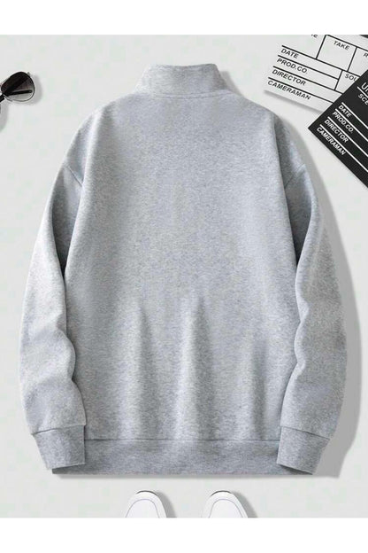 Dik Yaka Yarım Fermuarlı Düz Kazak Sweatshirt