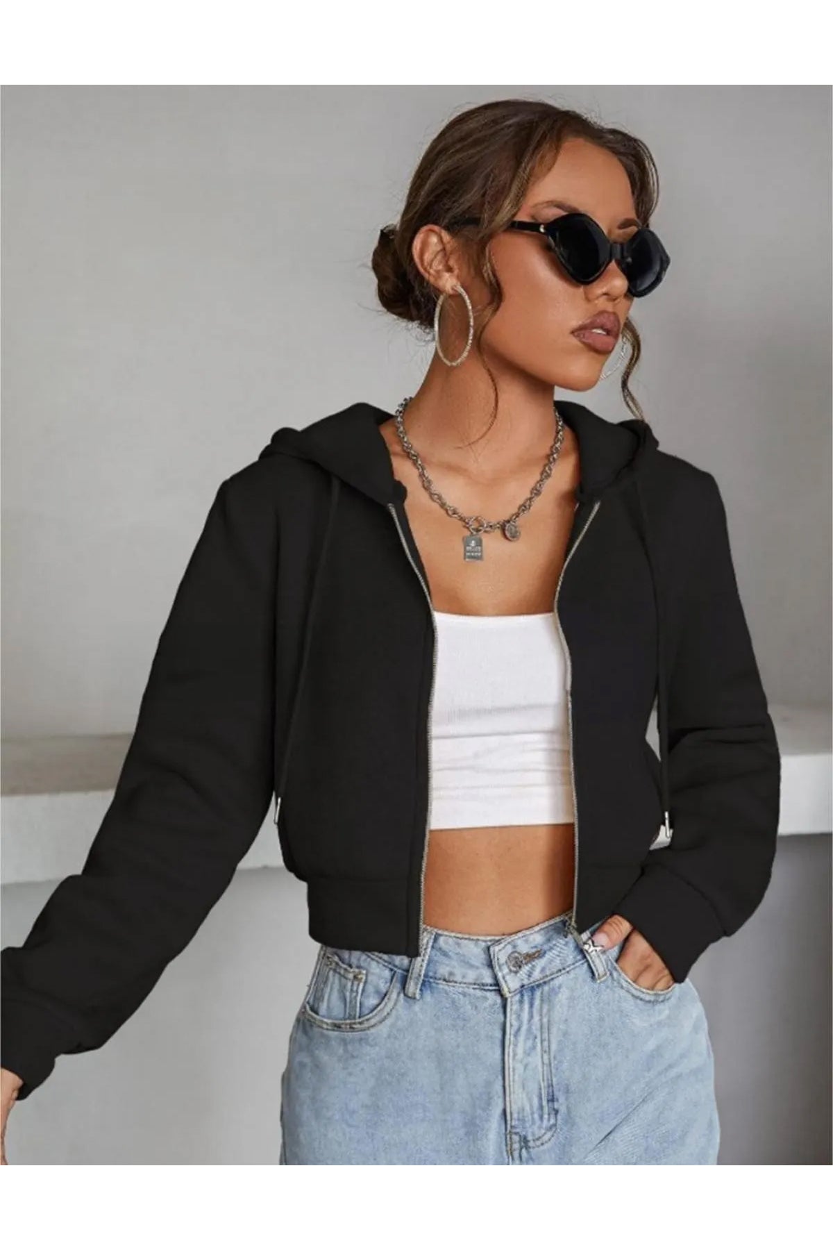 KADIN KAPŞONLU CROP HIRKA
