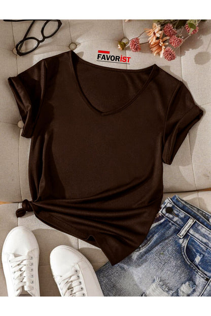 V Yaka (düz Desensiz) Basic Giy Çık Pamuklu Tshirt