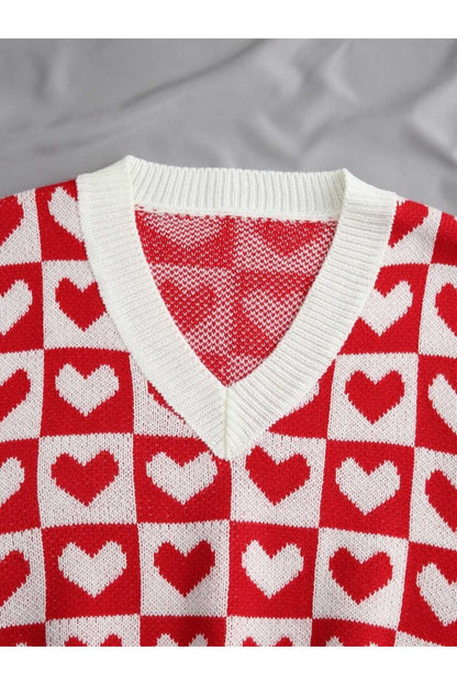 V-NECK COTTON SWEATER WITH HEARTS Süveter KALPLİ
