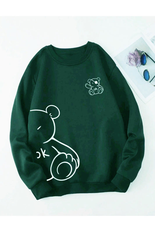 Sevimli Ayı Baskılı Bisiklet Yaka Oversize Pamuklu Sweatshirt ( GENİŞ KALIP )