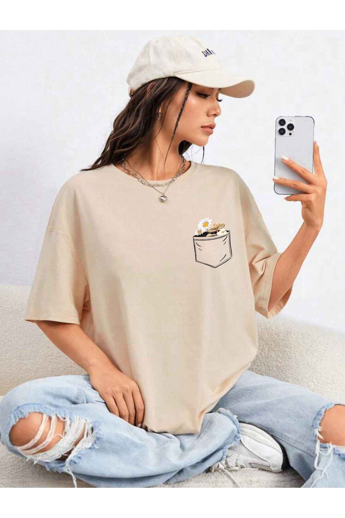 Çiçek Baskılı Unisex Oversize ( Geniş Kalıp ) Tshirt