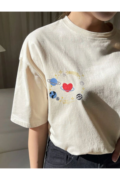 GALAXY Baskılı Pamuklu Kısa Kol (Oversize) Tshirt