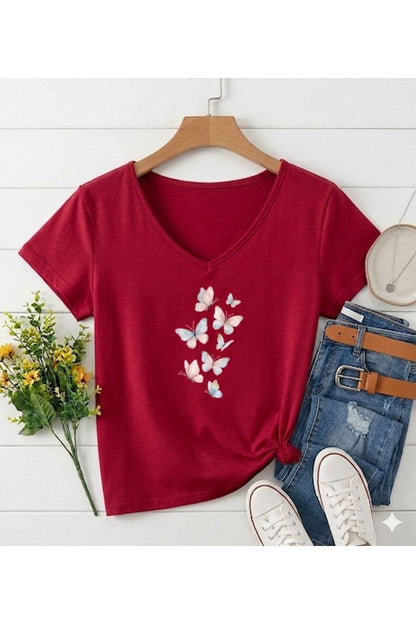 KELEBEKLER Baskılı Kadın V Yaka Regular Kalıp Tshirt (Anneler Gününe Özel Seri)