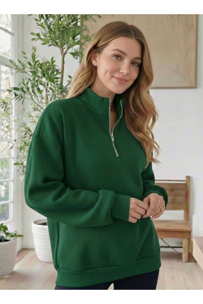 Stand-collar half-zip sweatshirt, plain unprinted three-thread fabric.