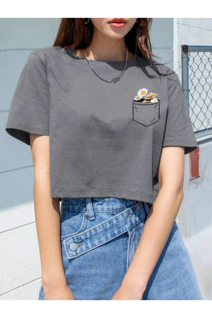 Crop Oversize Pamuklu Çiçekli Tişört