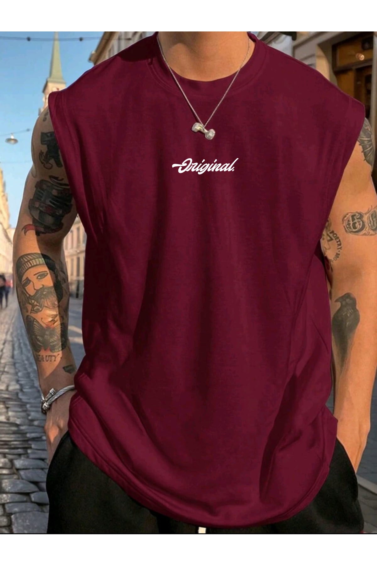 Original Kolsuz Atlet tshirt Erkek Sıfır Kol Baskısız Giyim Spor Giyim Oversize T-SHİRT
