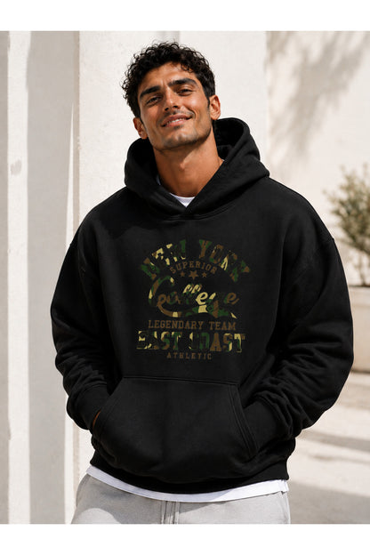 College New York Üç İplik Penye Erkek Kapşonlu Sweatshirt Oversize