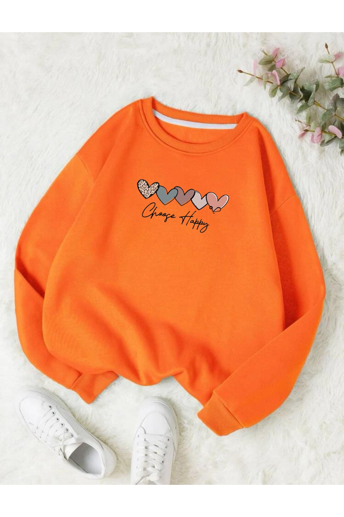 CHOOSE HAPPY KALPLER Baskılı Oversize Bisiklet Yaka Sweatshirt