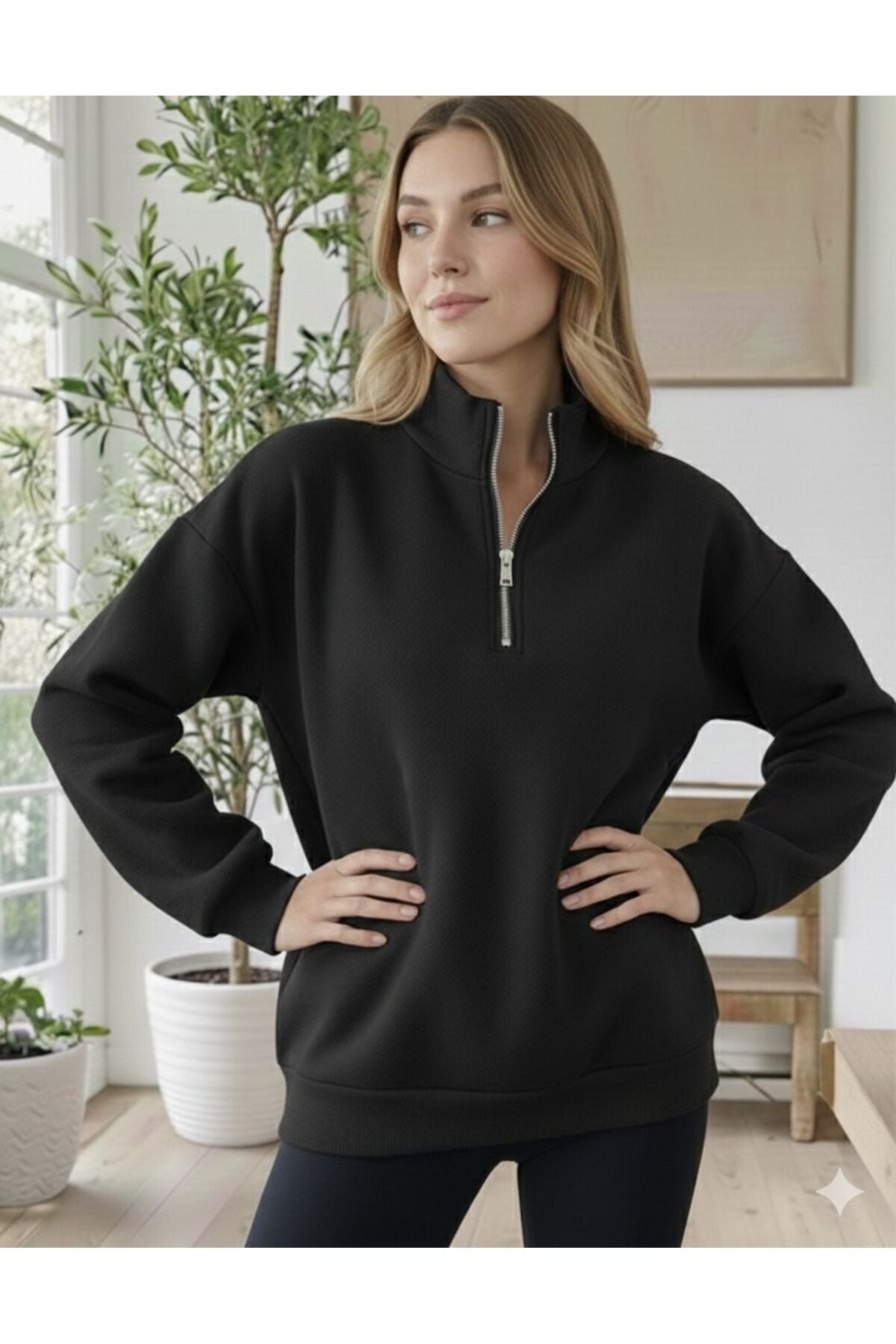 Stand-collar half-zip sweatshirt, plain unprinted three-thread fabric.