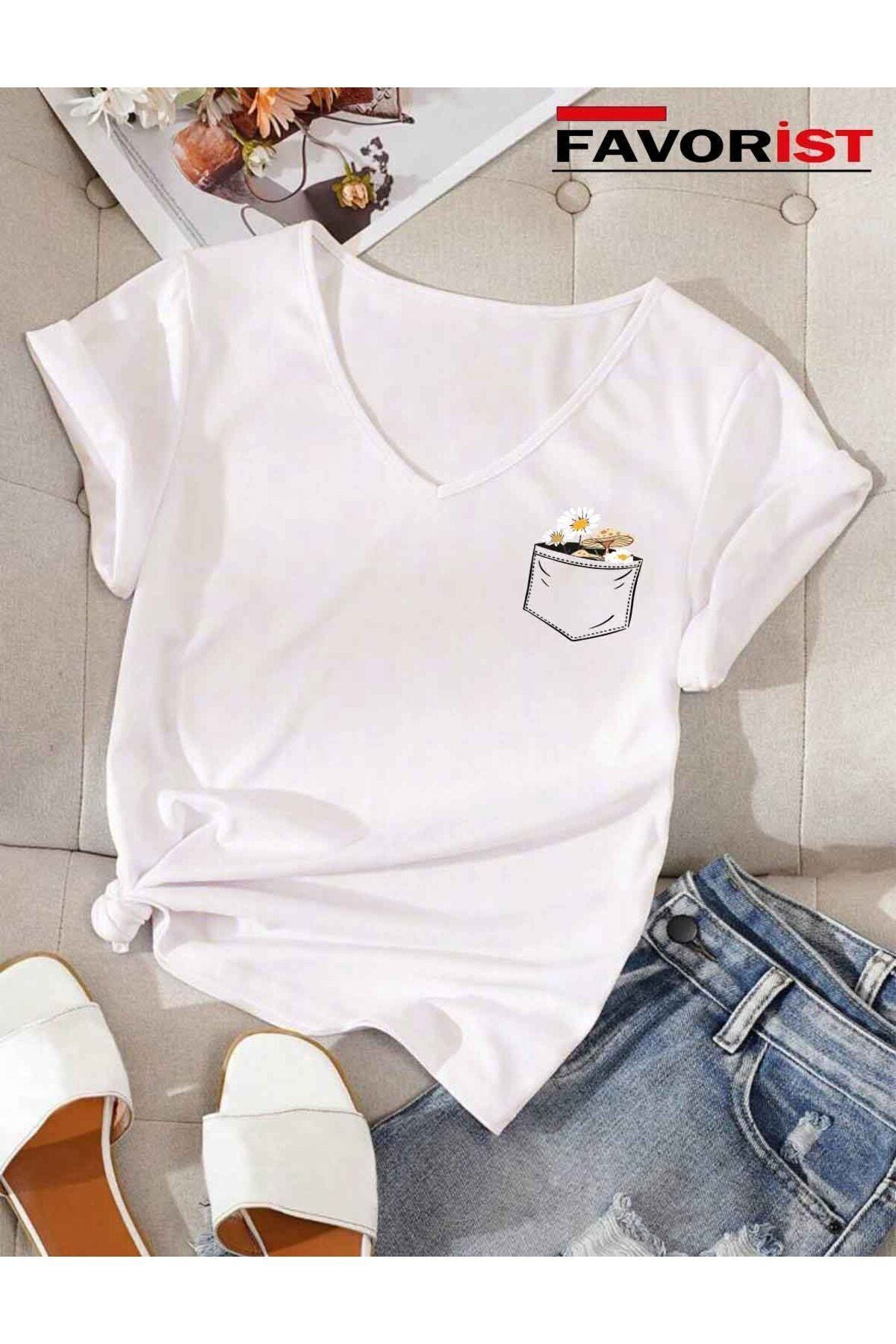 V Yaka Basic Çiçek Baskılı Pamuklu Tshirt (normal Kalıp)