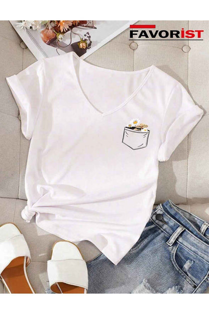 V Yaka Basic Çiçek Baskılı Pamuklu Tshirt (normal Kalıp)