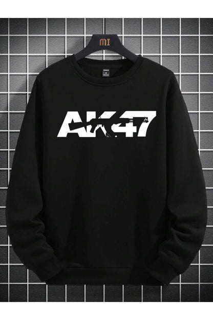 AK47 Baskılı Erkek Oversize Bisiklet Yaka Sweatshirt