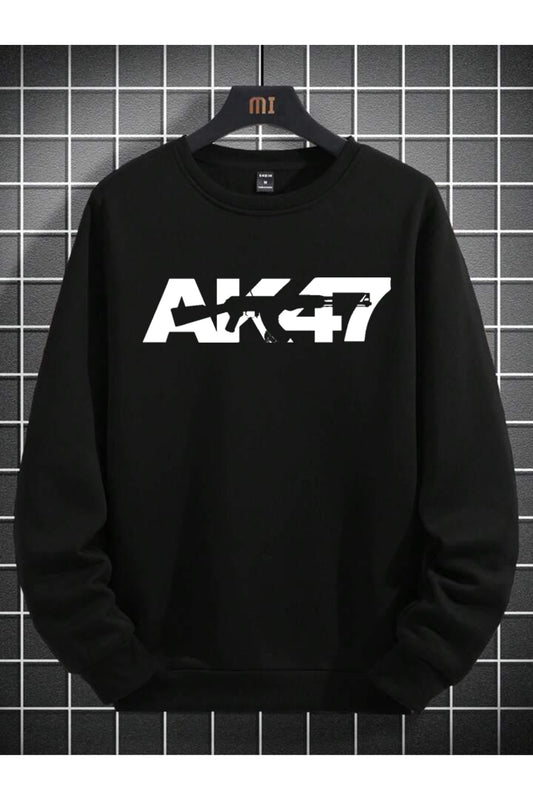AK47 Baskılı Erkek Oversize Bisiklet Yaka Sweatshirt