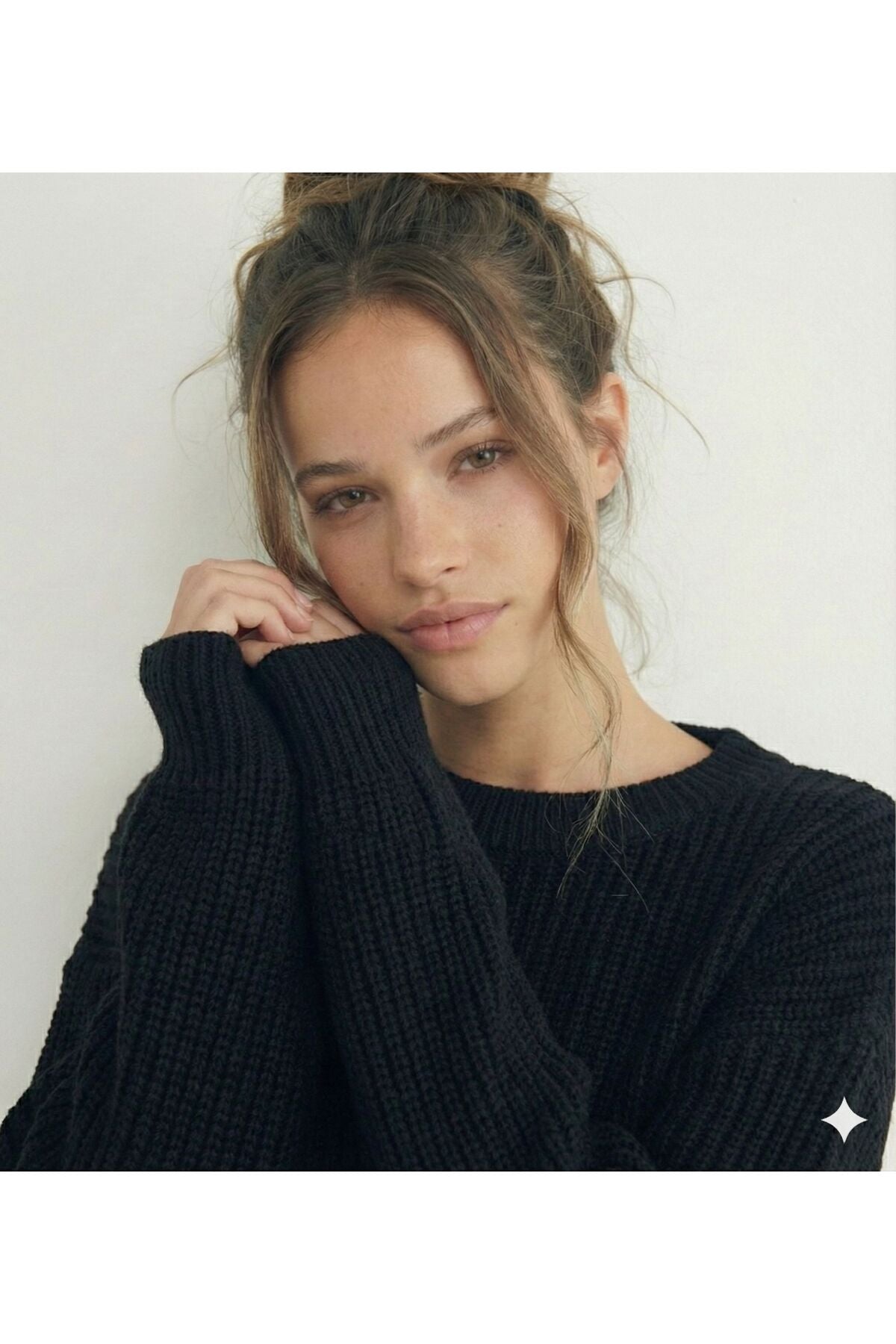 Siyah Bisiklet Yaka Oversize Kadın Triko Örme Kazak
