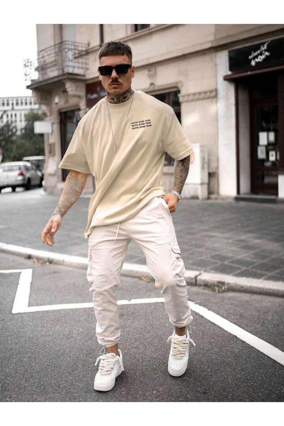 FAITH OVER FEAR Baskılı Oversize Pamuklu Tshirt T-Shirt Tşört Tişört