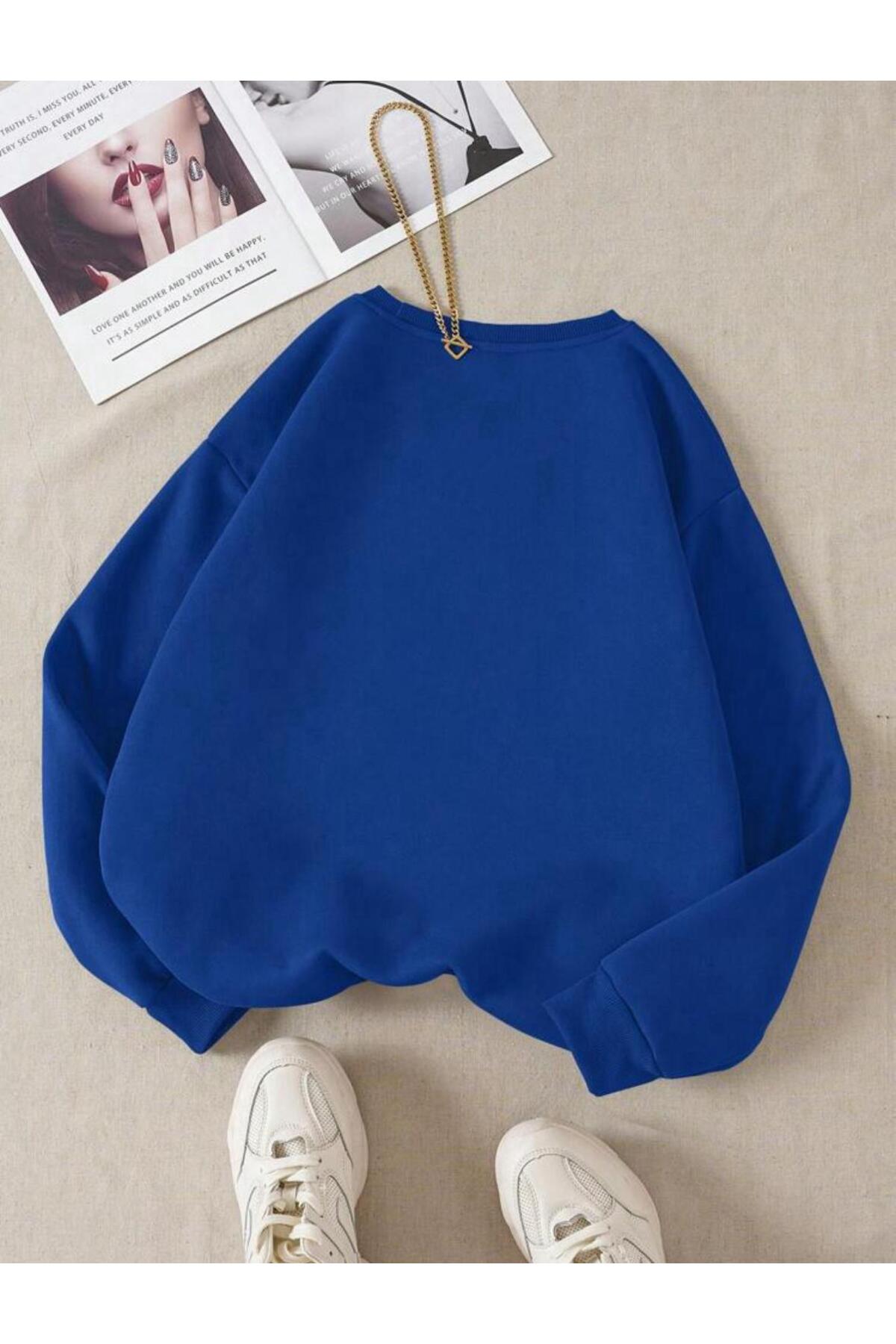 Çiçek Baskılı Bisiklet Yaka Pamuklu Sweatshirt