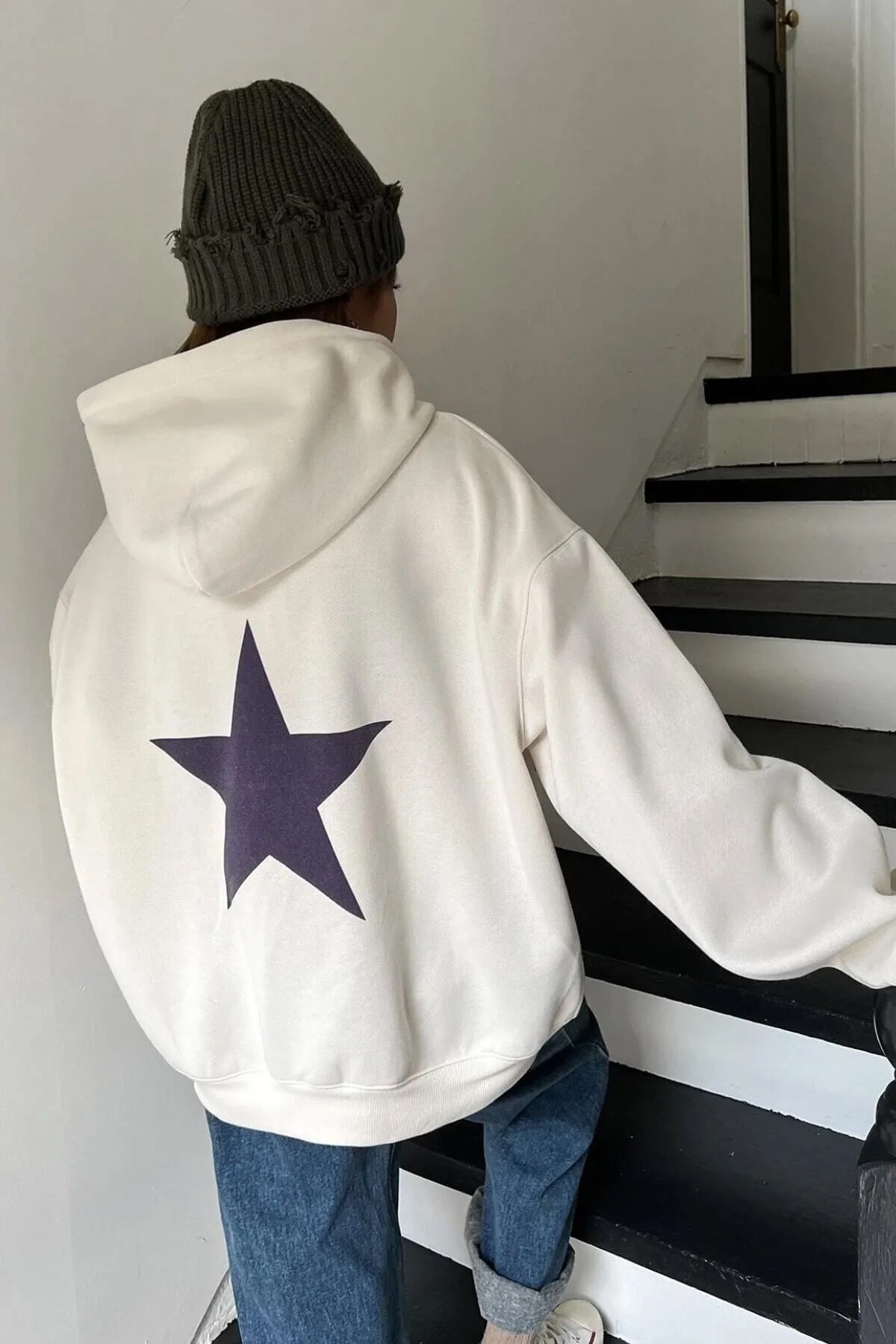 STAR Baskılı Oversize Kapşonlu Sweatshirt