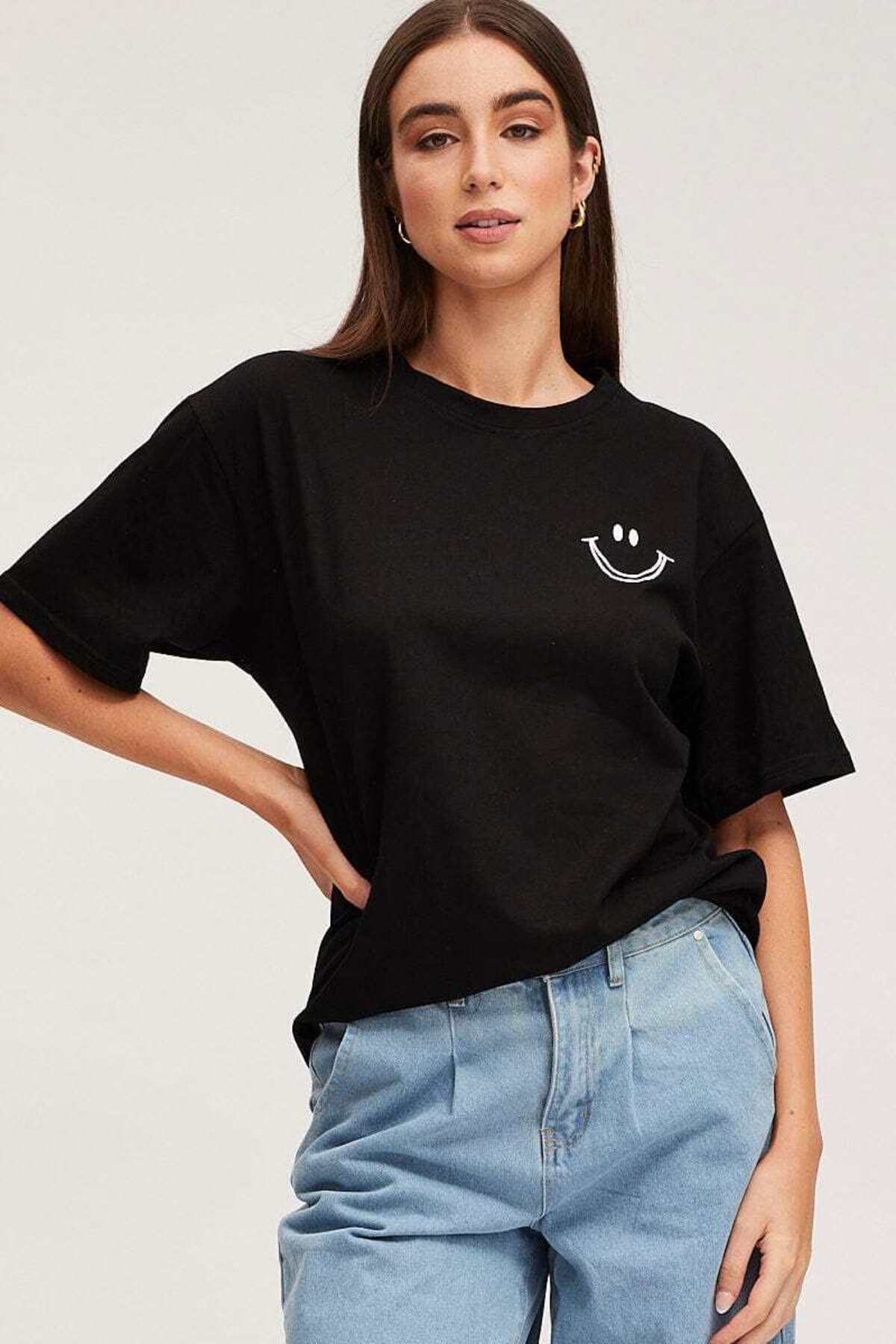 Gülümseme Baskılı Unisex Kısa Kol Bisiklet Yaka Tshirt