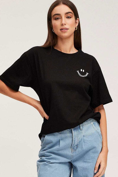 Gülümseme Baskılı Unisex Kısa Kol Bisiklet Yaka Tshirt