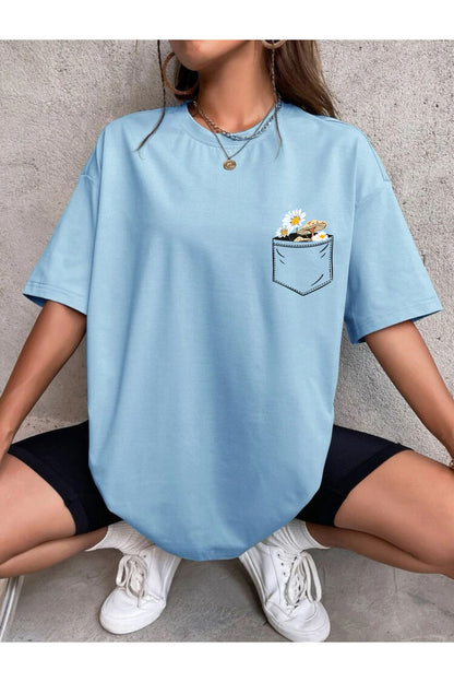 Çiçek Baskılı Unisex Oversize ( Geniş Kalıp ) Tshirt