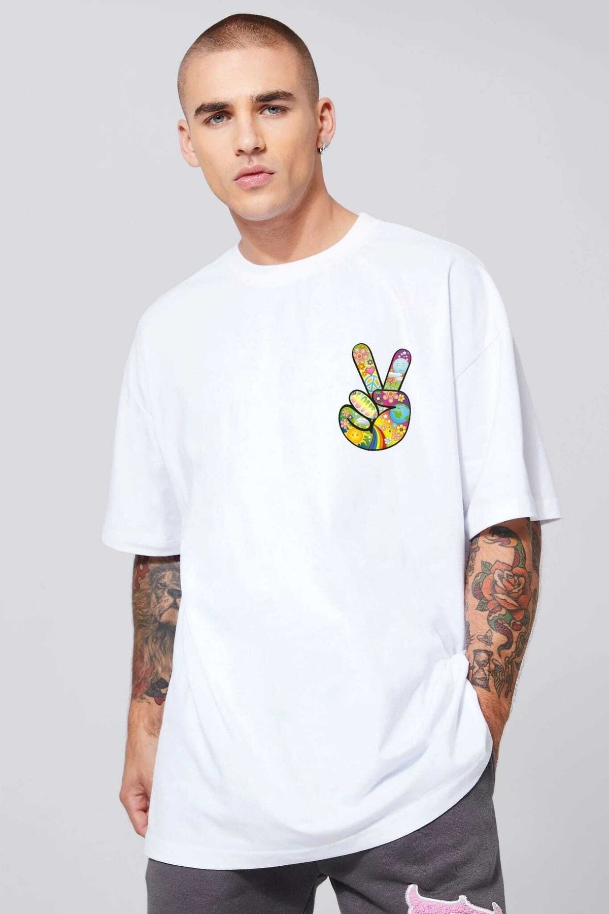 Peace Oversize Bisiklet Yaka Beyaz Pamuk Tshirt