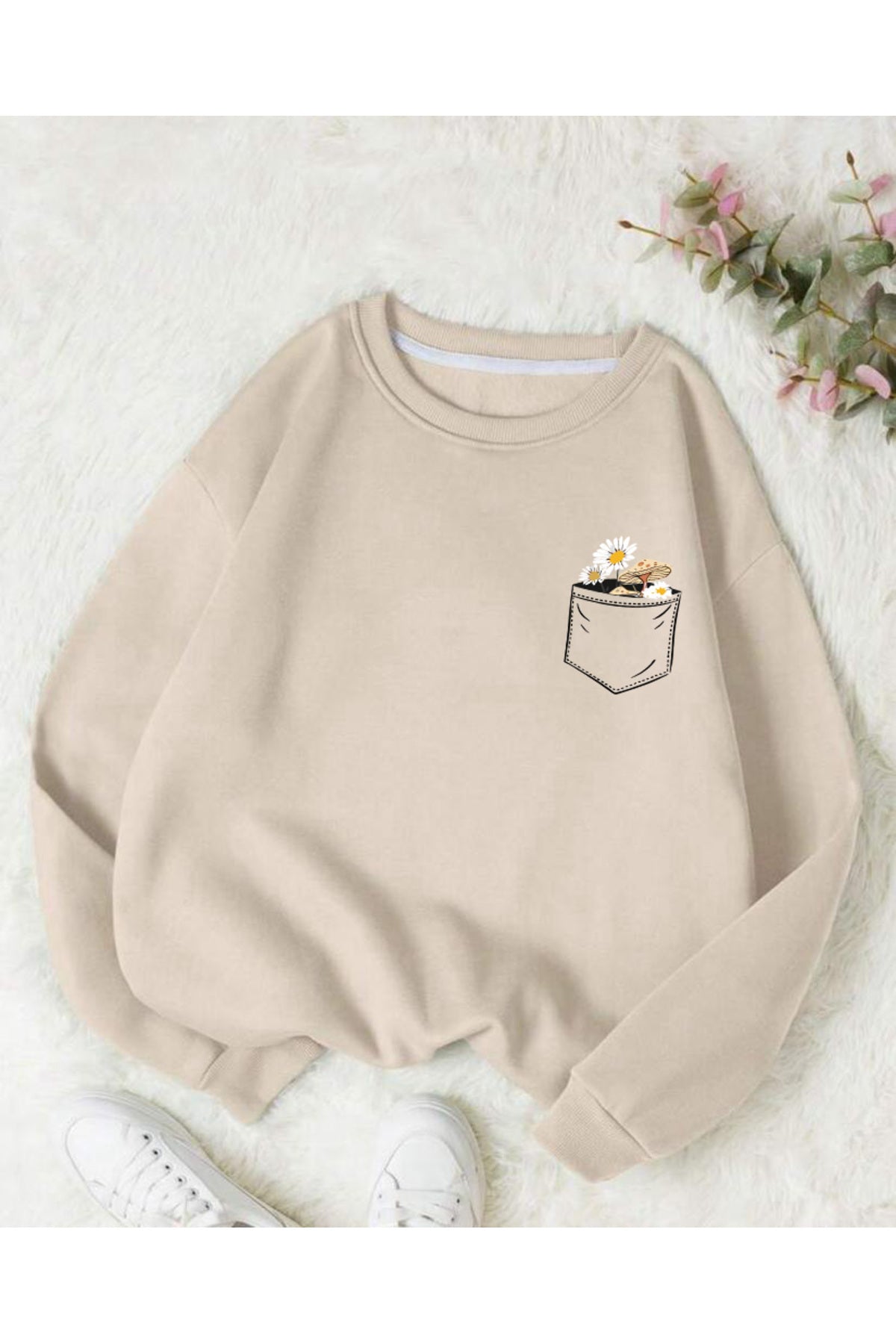 Çiçek Baskılı Bisiklet Yaka Pamuklu Sweatshirt